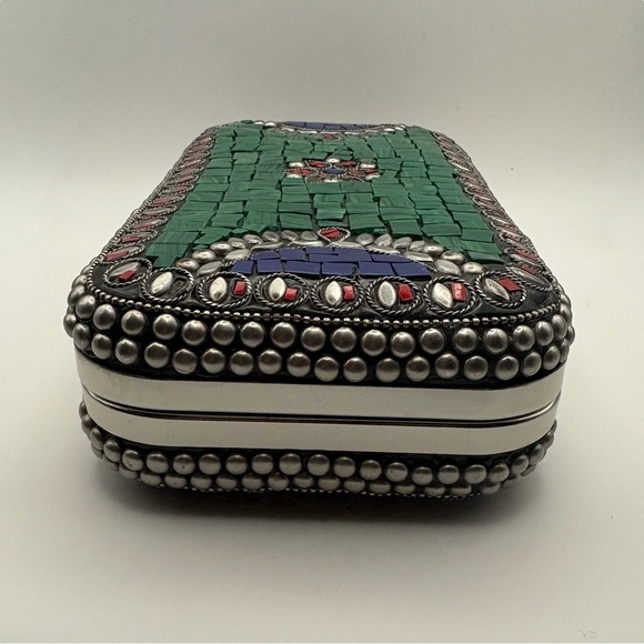 Handmade Mosaic Stone Clutch – Green Red Blue Inlay – NEW Artisanal Evening Bag - Picture 10 of 10